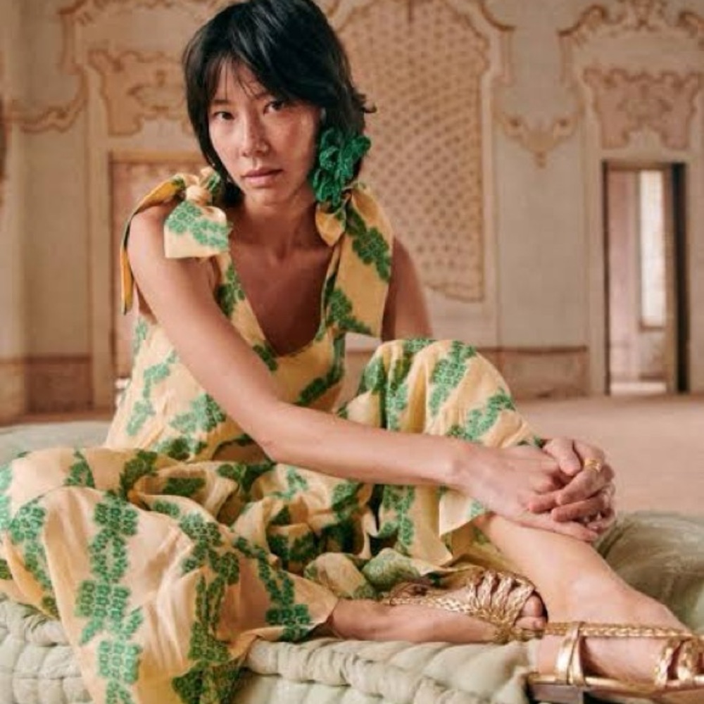 Sézane Marina Jackard Green and Yellow Patterned Dress